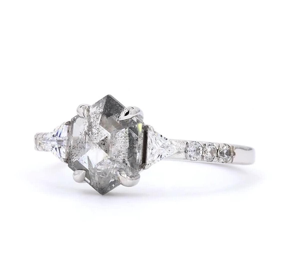 14K White Gold Hexagon Cut Grey Salt and Pepper Natural Diamond Unique Engagement Ring