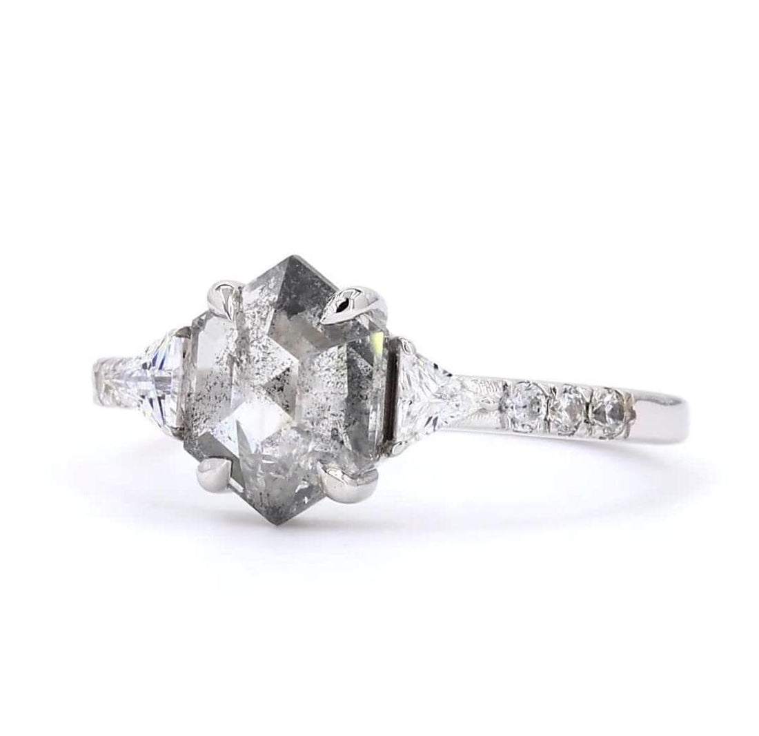 14K White Gold Hexagon Cut Grey Salt and Pepper Natural Diamond Unique Engagement Ring