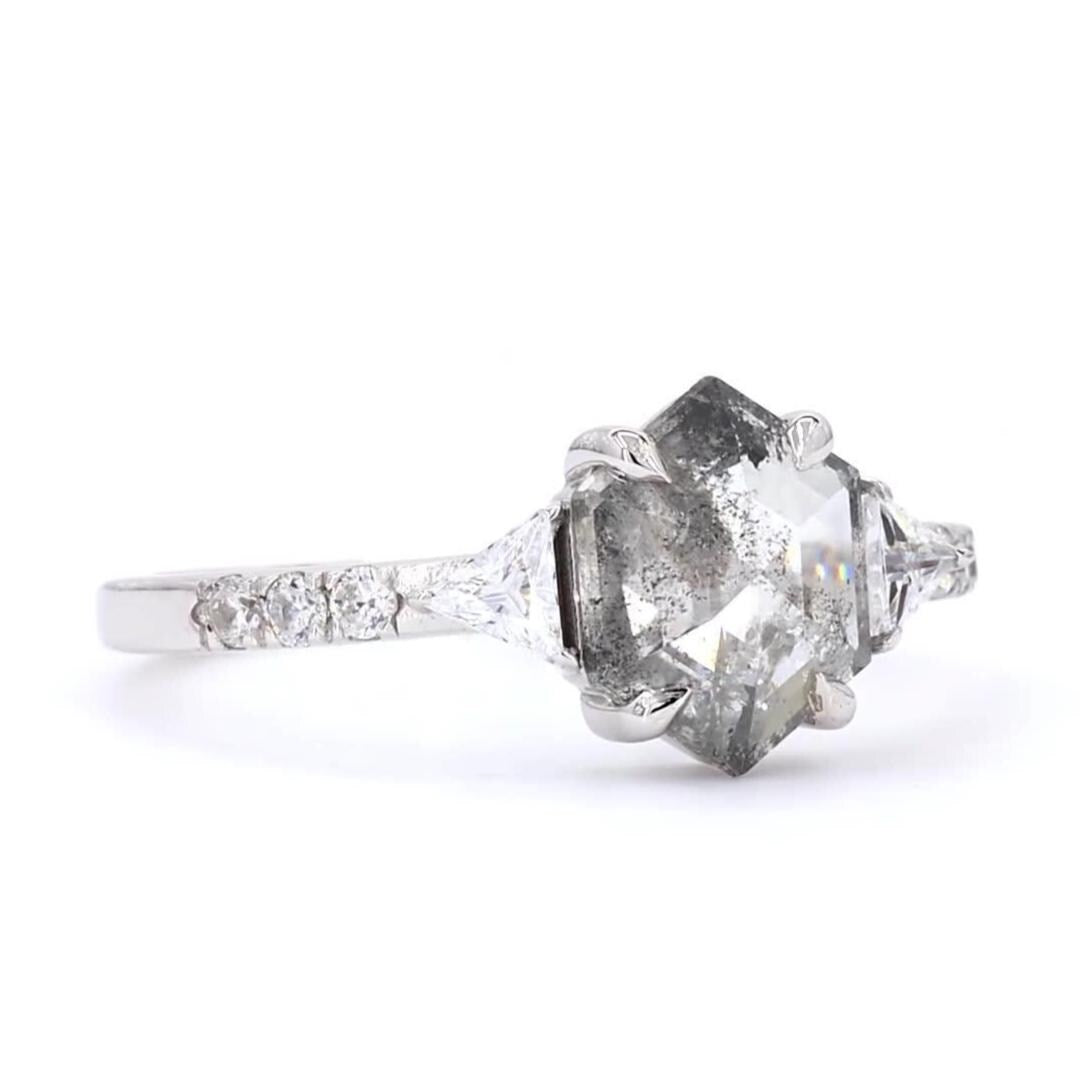 14K White Gold Hexagon Cut Grey Salt and Pepper Natural Diamond Unique Engagement Ring