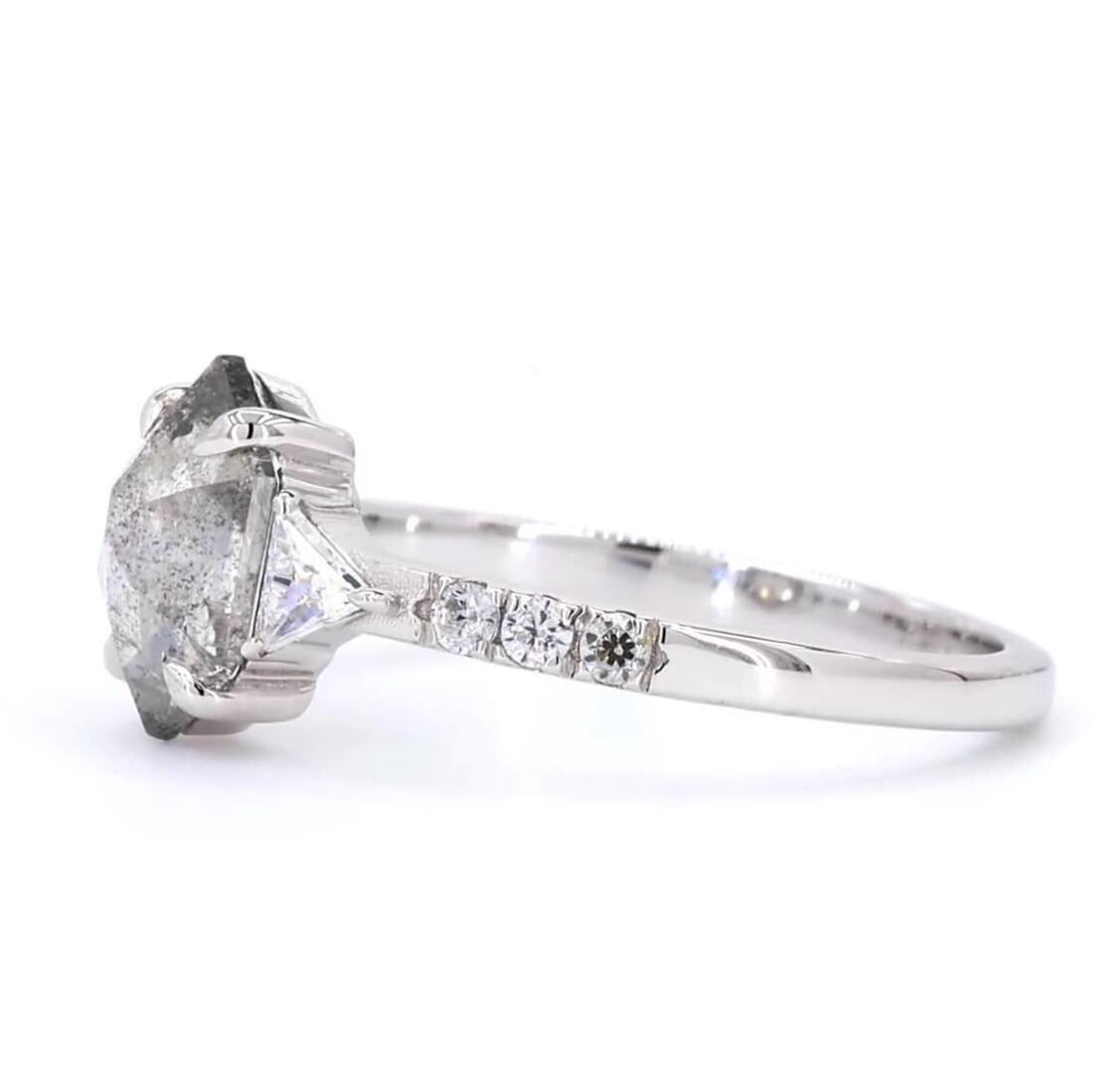14K White Gold Hexagon Cut Grey Salt and Pepper Natural Diamond Unique Engagement Ring