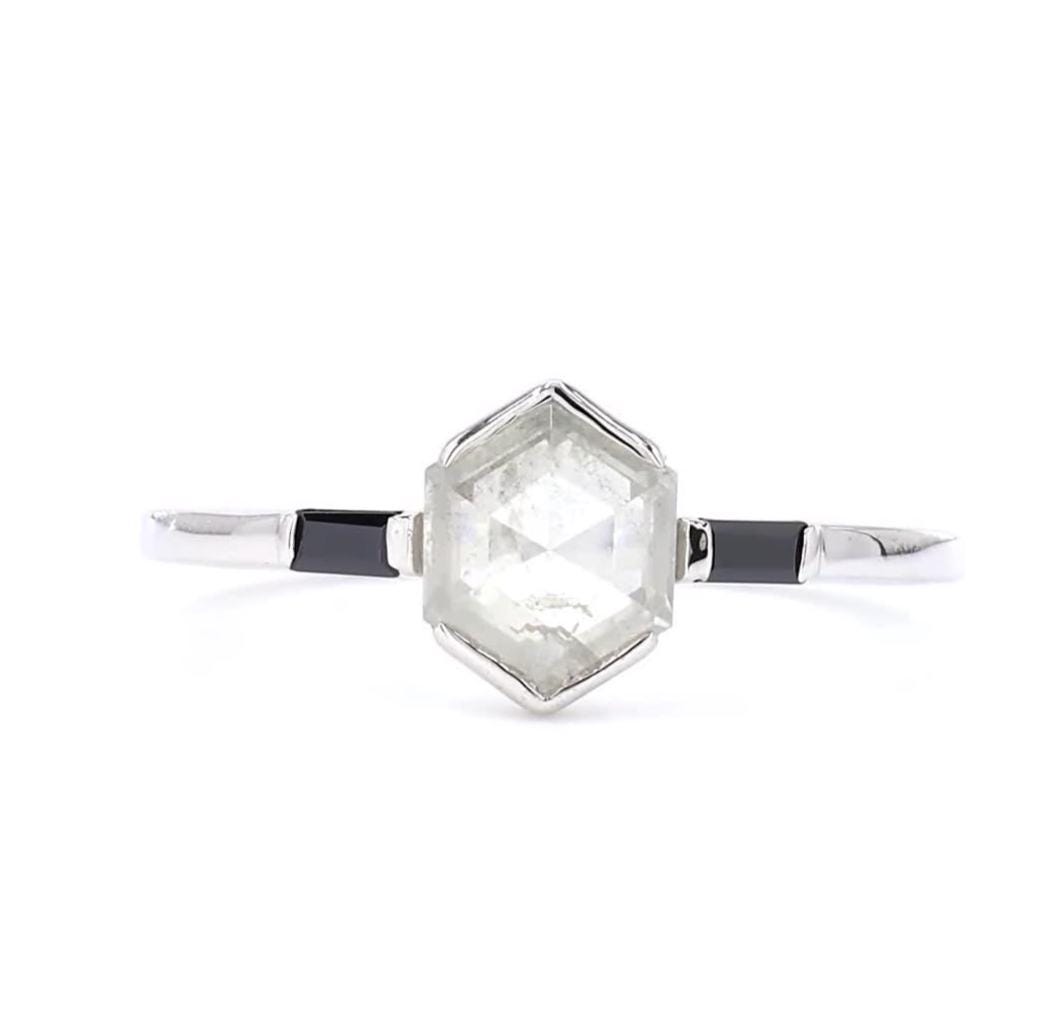 Hexagon Salt and Pepper Diamond, Natural Grey Diamond Minimalist 14K White Gold Anniversary Ring