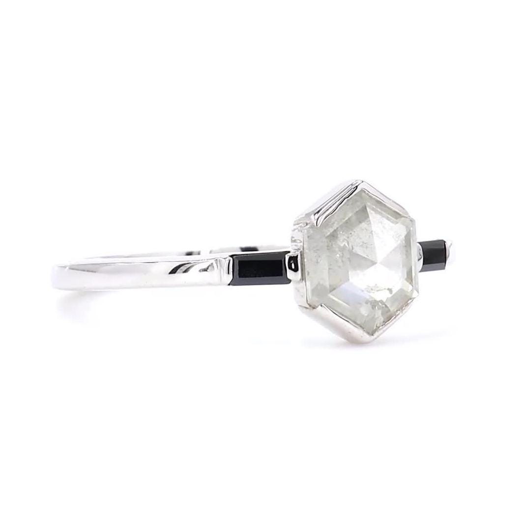 Hexagon Salt and Pepper Diamond, Natural Grey Diamond Minimalist 14K White Gold Anniversary Ring