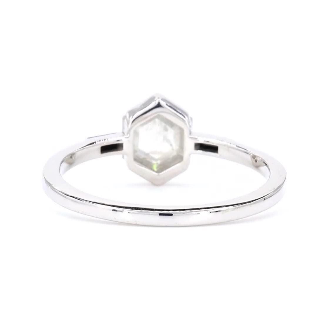 Hexagon Salt and Pepper Diamond, Natural Grey Diamond Minimalist 14K White Gold Anniversary Ring