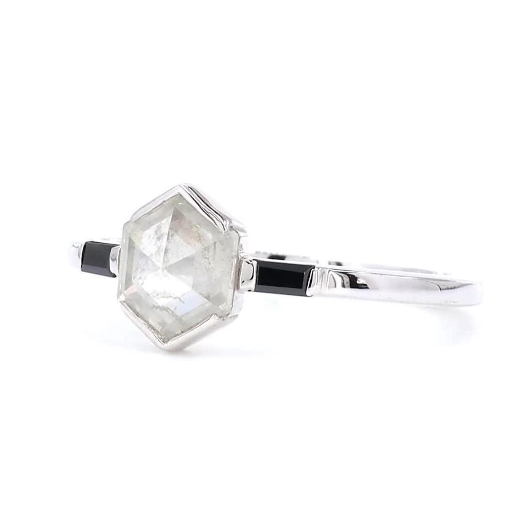 Hexagon Salt and Pepper Diamond, Natural Grey Diamond Minimalist 14K White Gold Anniversary Ring