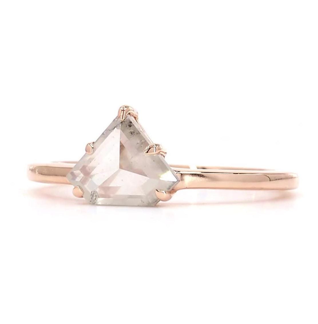Triangle Salt and Pepper Diamond, Natural Grey Diamond 14K Rose Gold Rustic Wedding Ring