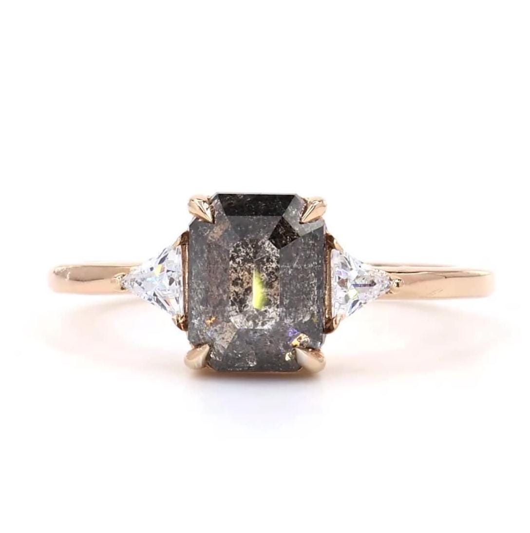 14K Rose Gold Grey Salt and Pepper Emerald Cut Natural Diamond Promise Ring