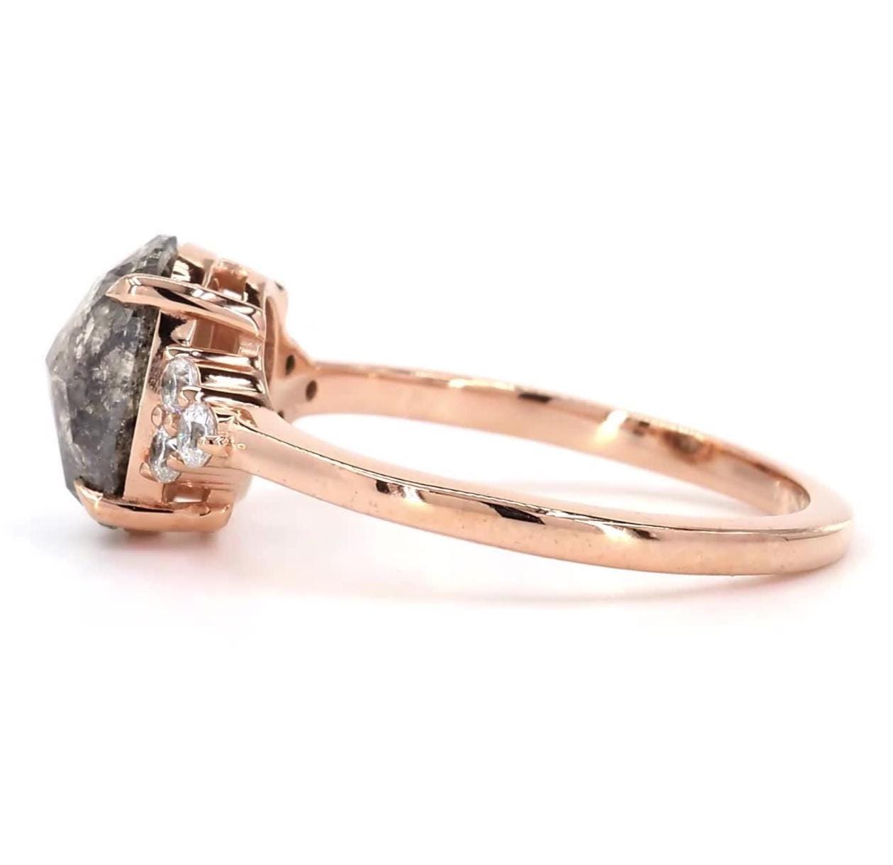 14K Rose Gold Galaxy Grey Salt and Pepper Cushion Cut Natural Diamond Statement Ring