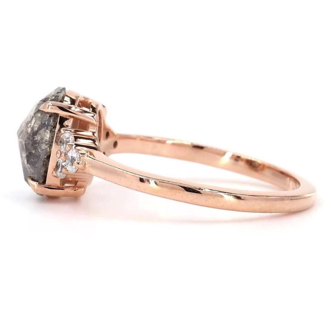 14K Rose Gold Galaxy Grey Salt and Pepper Cushion Cut Natural Diamond Statement Ring