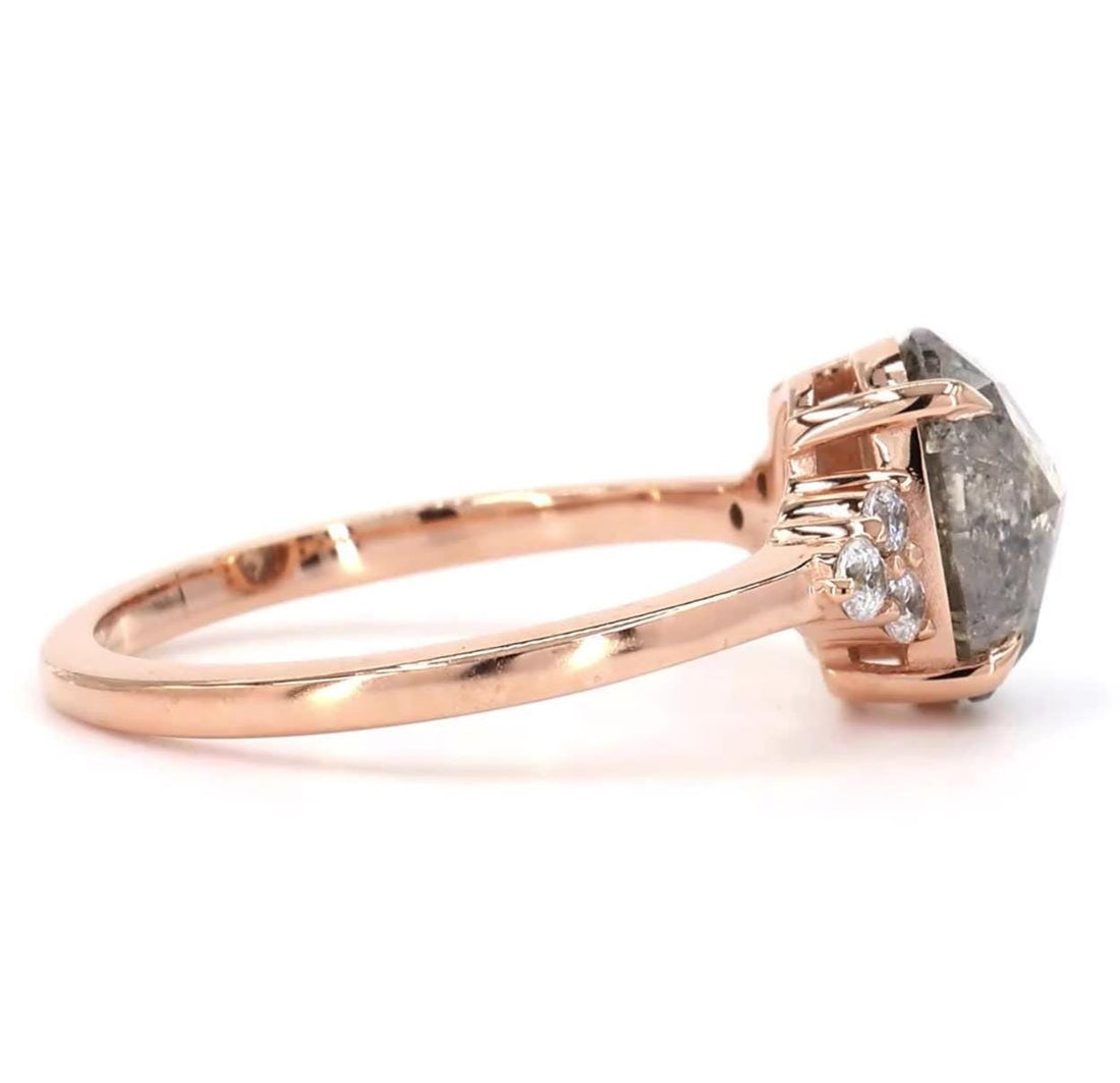 14K Rose Gold Galaxy Grey Salt and Pepper Cushion Cut Natural Diamond Statement Ring