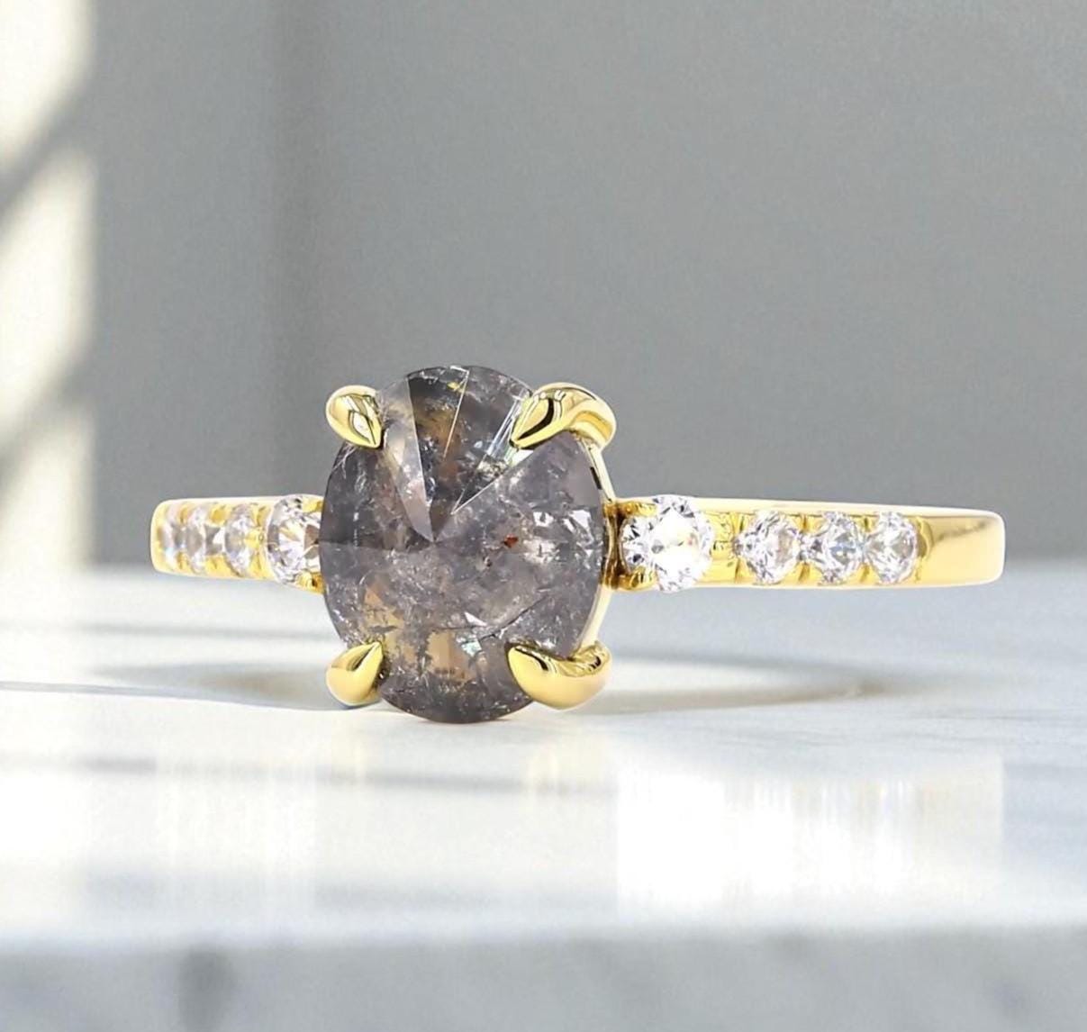 Oval Salt and Pepper Diamond Ring, Natural Grey Diamond 14K Yellow Gold Anniversary Ring