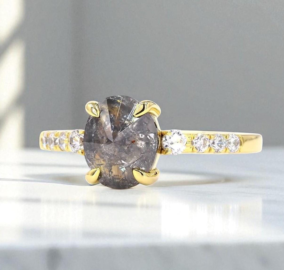 Oval Salt and Pepper Diamond Ring, Natural Grey Diamond 14K Yellow Gold Anniversary Ring