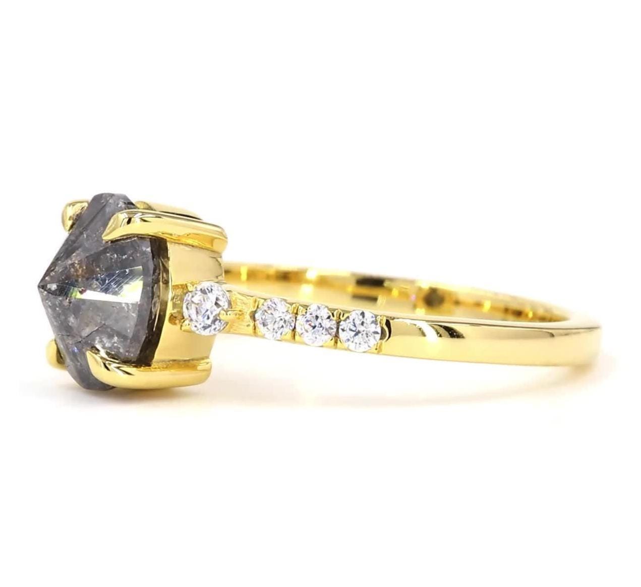 Oval Salt and Pepper Diamond Ring, Natural Grey Diamond 14K Yellow Gold Anniversary Ring