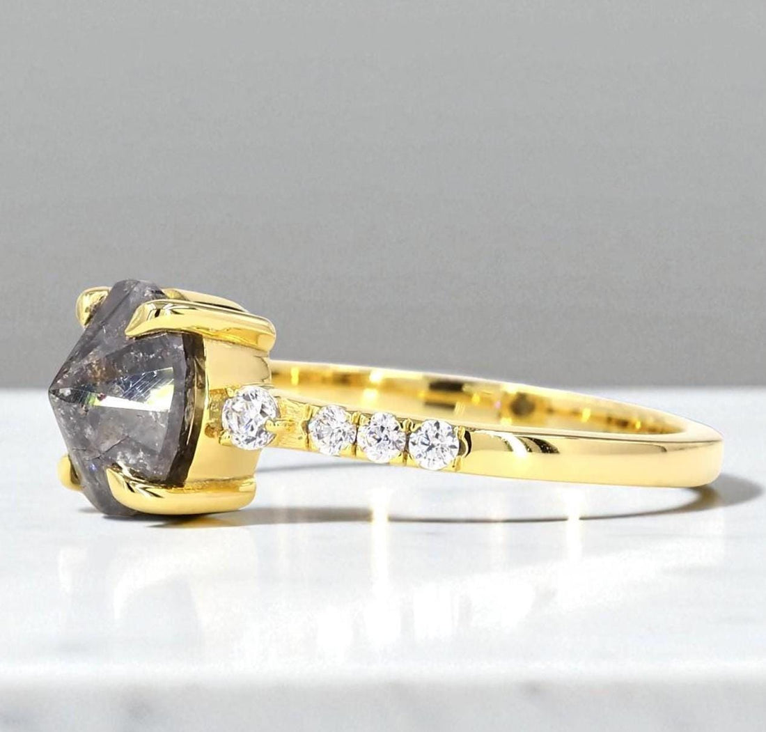 Oval Salt and Pepper Diamond Ring, Natural Grey Diamond 14K Yellow Gold Anniversary Ring