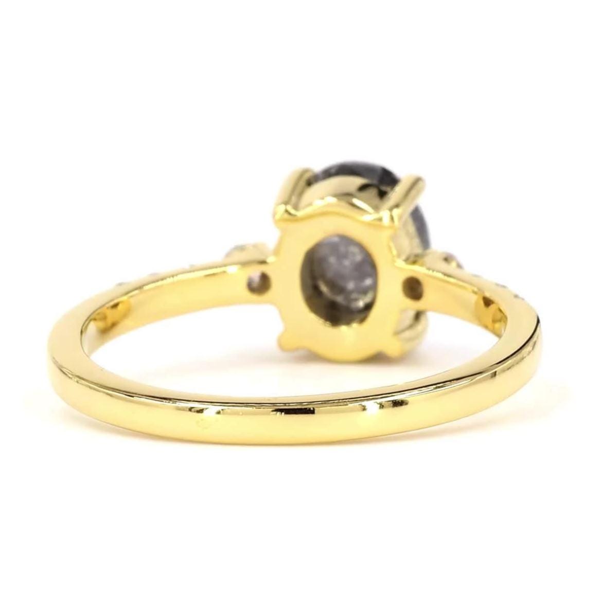 Oval Salt and Pepper Diamond Ring, Natural Grey Diamond 14K Yellow Gold Anniversary Ring