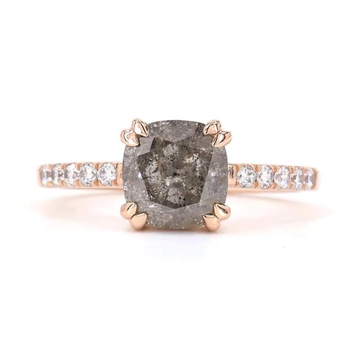 Cushion Cut Salt and Pepper Diamond Engagement Ring, Natural Grey Diamond 14K Rose Gold Promise Ring
