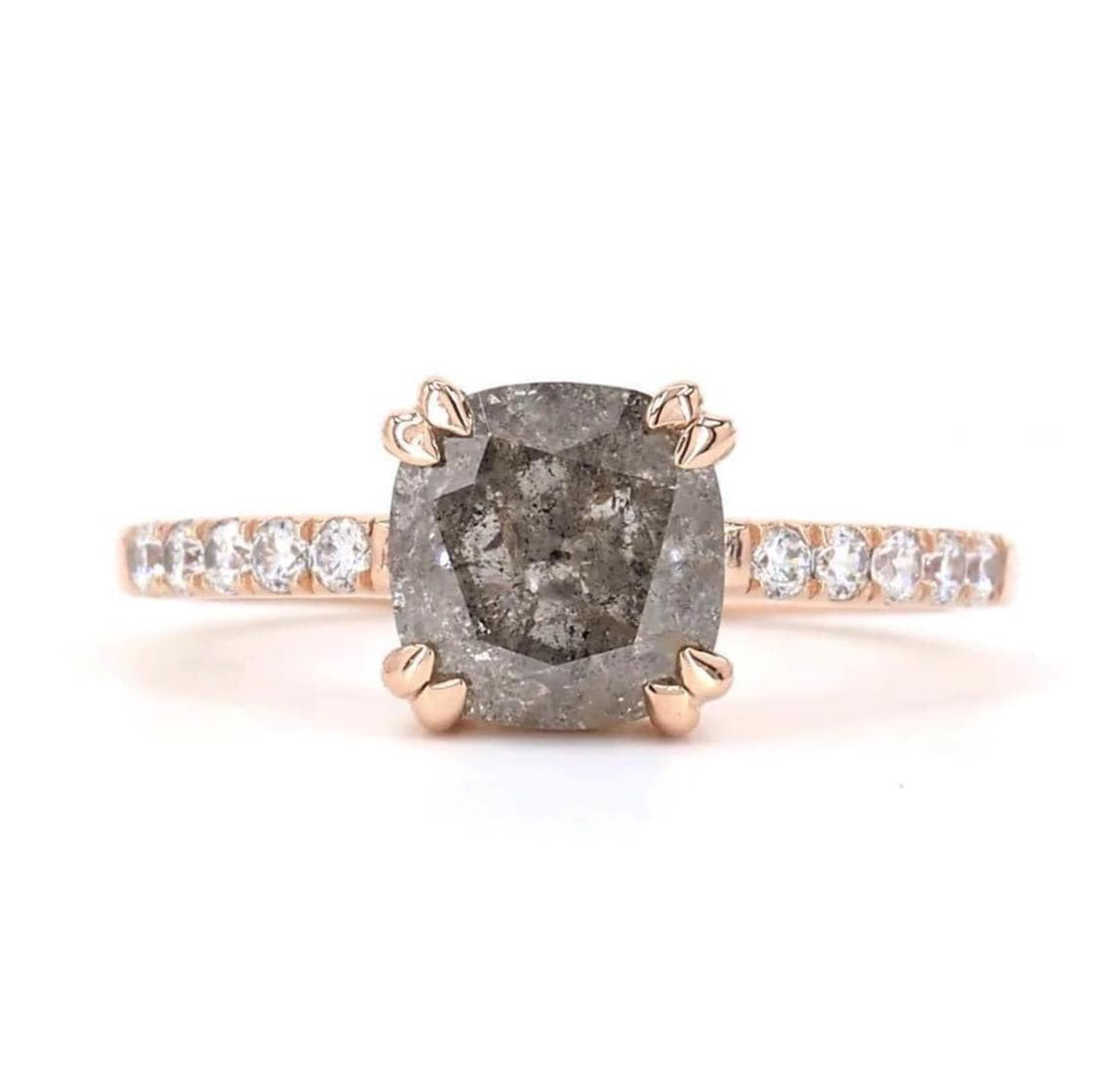 Cushion Cut Salt and Pepper Diamond Engagement Ring, Natural Grey Diamond 14K Rose Gold Promise Ring