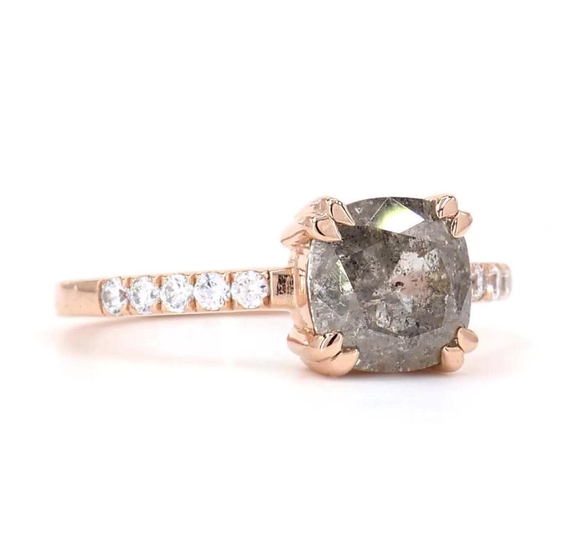 Cushion Cut Salt and Pepper Diamond Engagement Ring, Natural Grey Diamond 14K Rose Gold Promise Ring