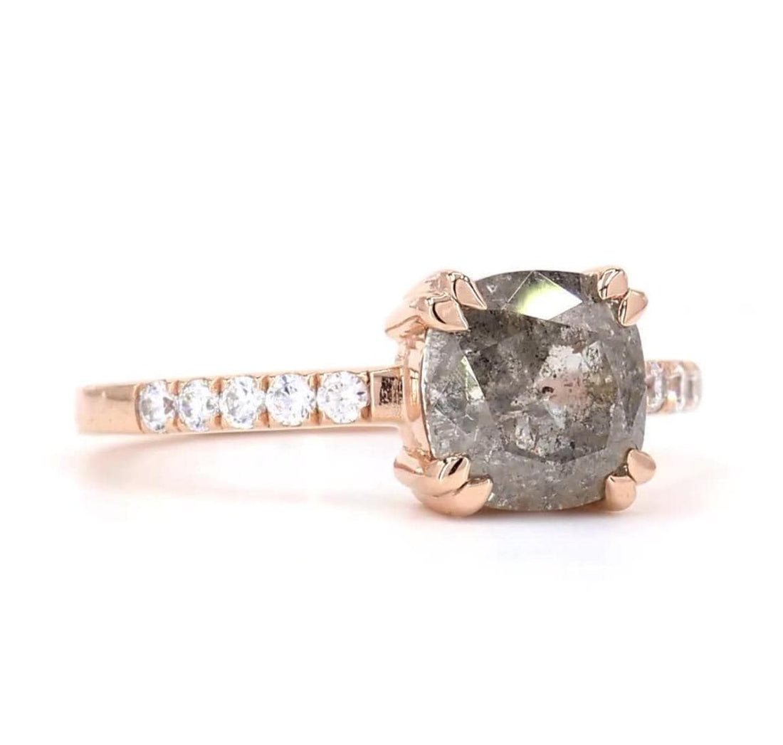 Cushion Cut Salt and Pepper Diamond Engagement Ring, Natural Grey Diamond 14K Rose Gold Promise Ring