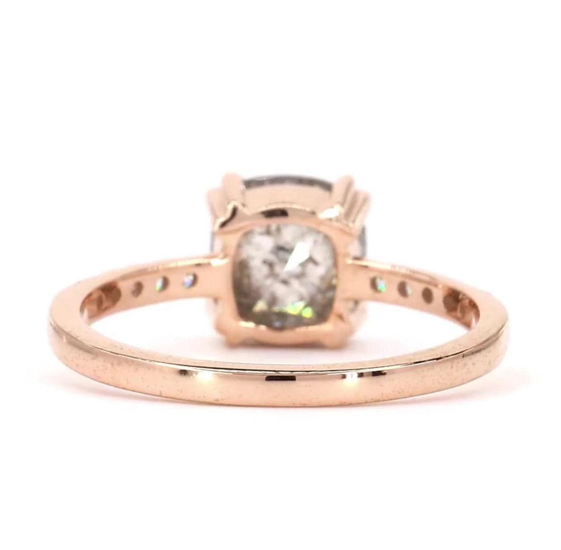 Cushion Cut Salt and Pepper Diamond Engagement Ring, Natural Grey Diamond 14K Rose Gold Promise Ring