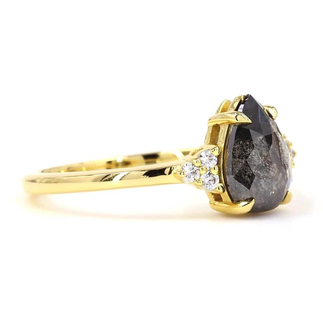 14K Pear Cut Yellow Gold Grey Salt and Pepper Natural Diamond Anniversary Ring