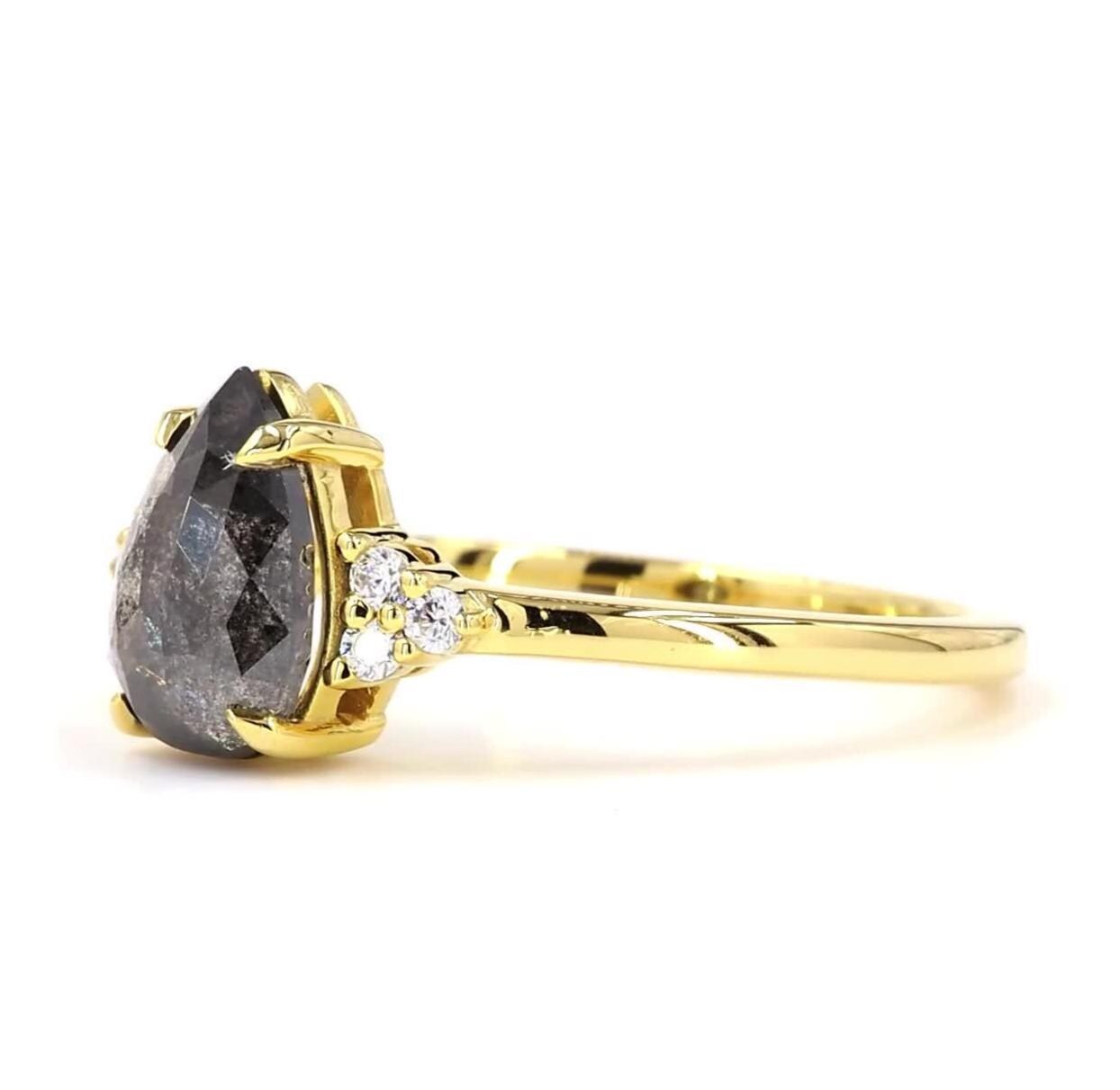 14K Pear Cut Yellow Gold Grey Salt and Pepper Natural Diamond Anniversary Ring