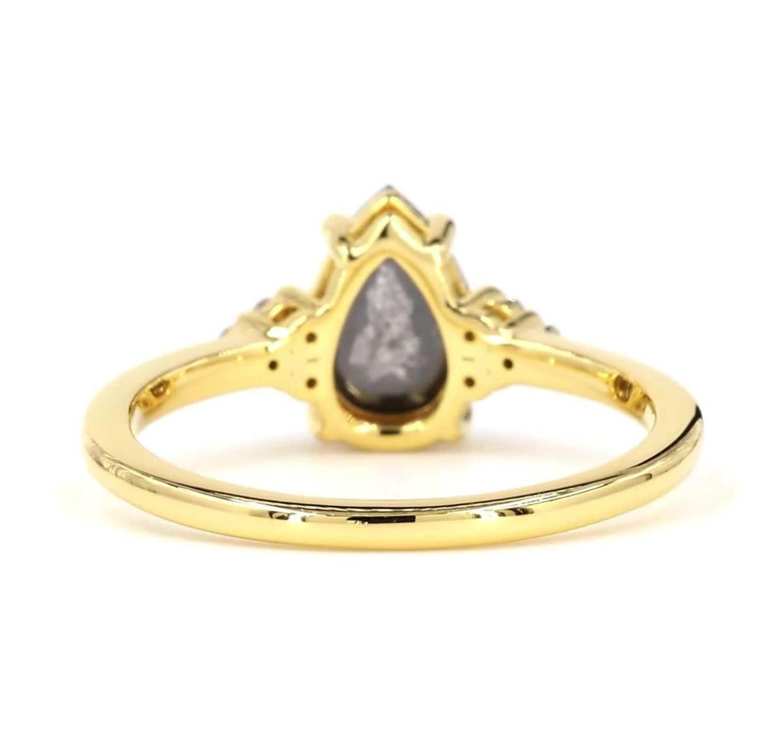 14K Pear Cut Yellow Gold Grey Salt and Pepper Natural Diamond Anniversary Ring