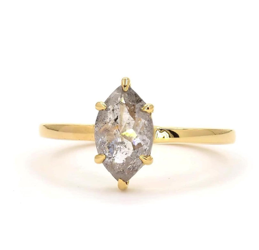 14K Yellow Gold Grey Salt and Pepper Marquise Cut Natural Diamond Wedding Ring
