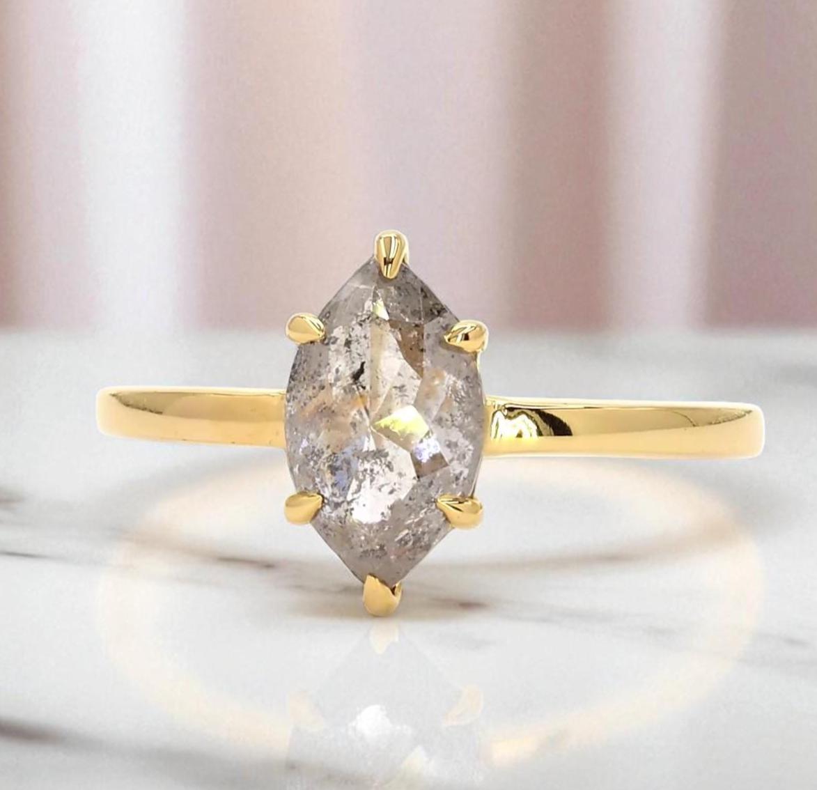 14K Yellow Gold Grey Salt and Pepper Marquise Cut Natural Diamond Wedding Ring