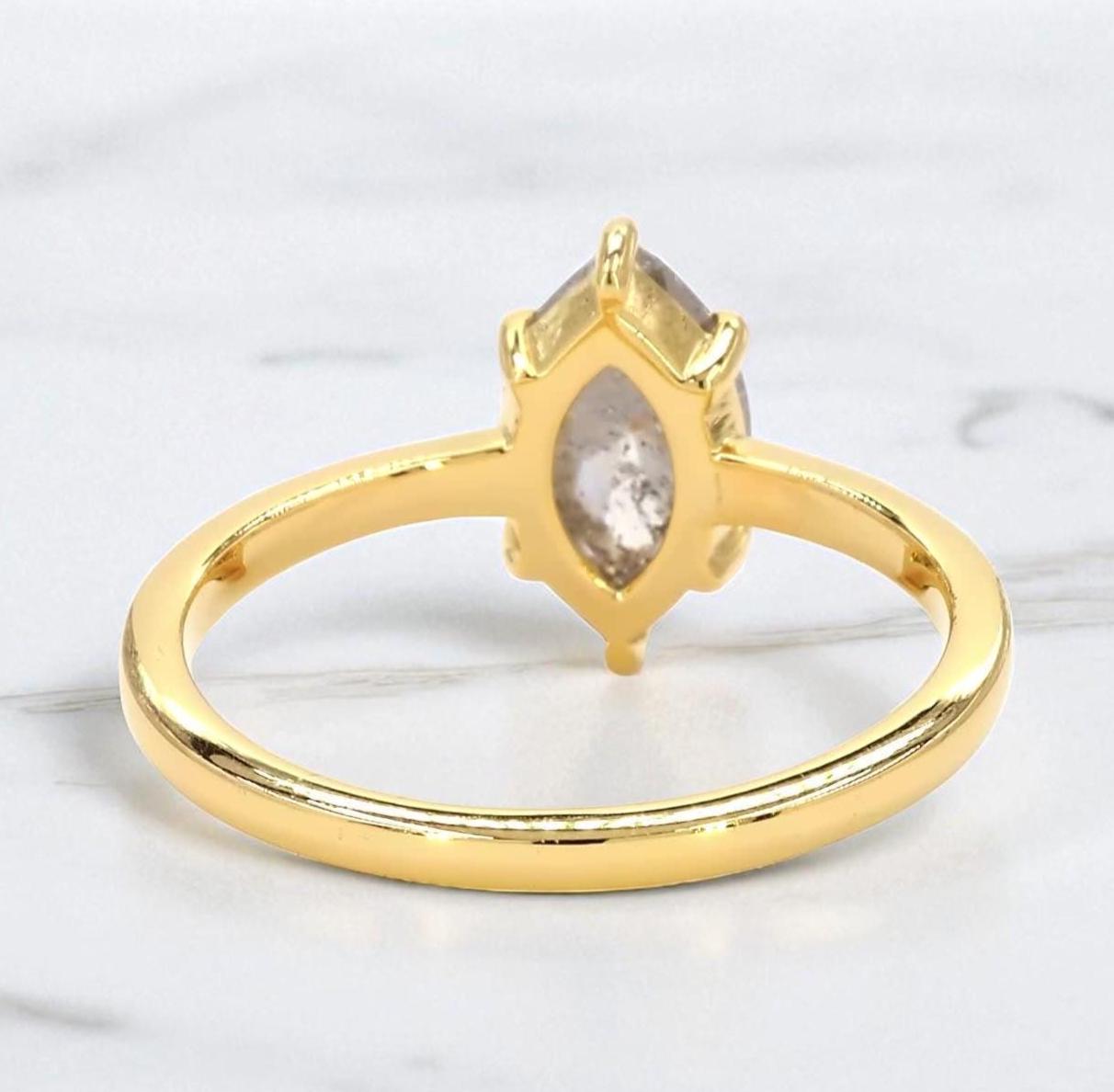 14K Yellow Gold Grey Salt and Pepper Marquise Cut Natural Diamond Wedding Ring