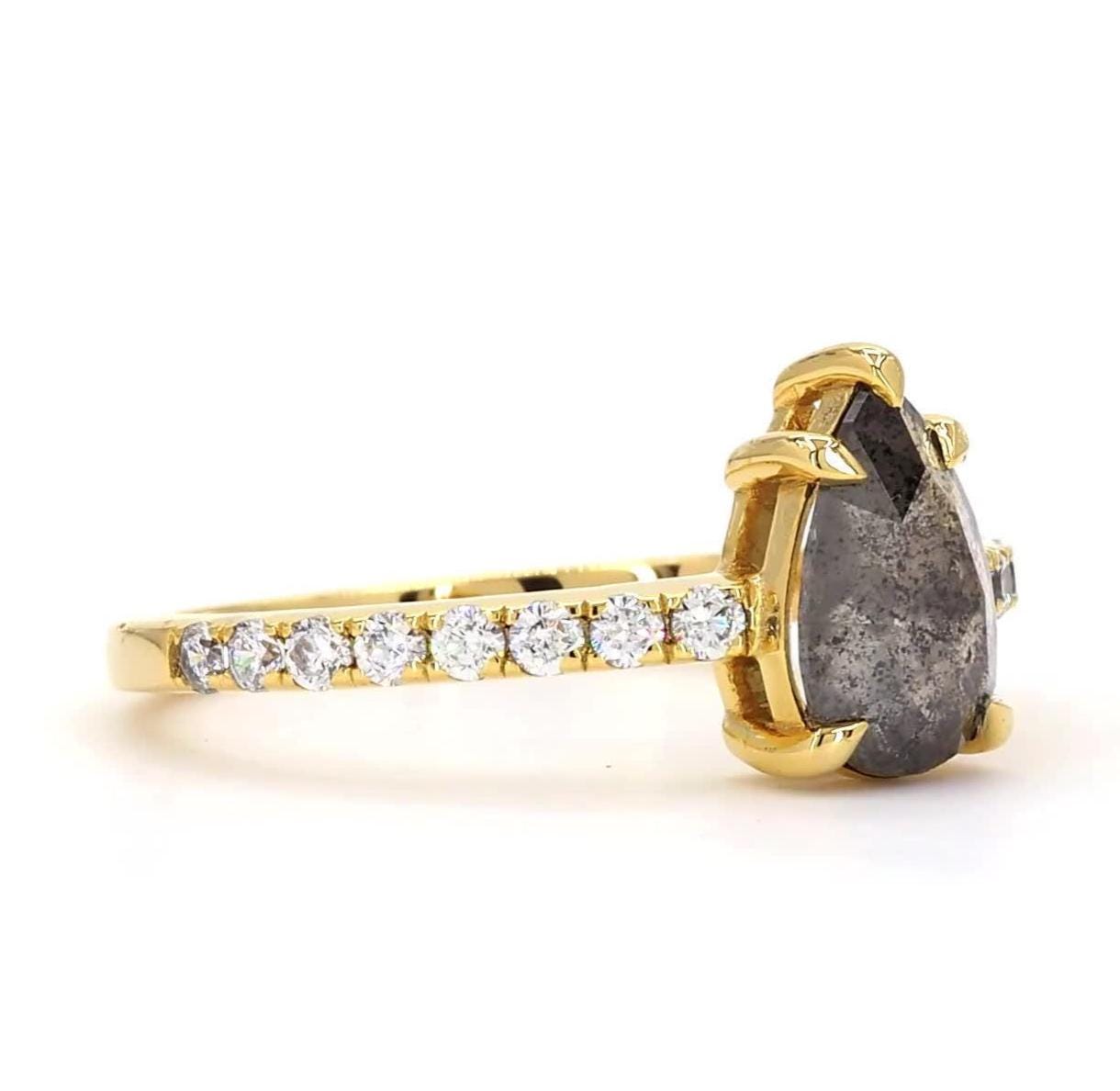 14K Yellow Gold Grey Salt and Pepper Pear Cut Natural Diamond Wedding Ring