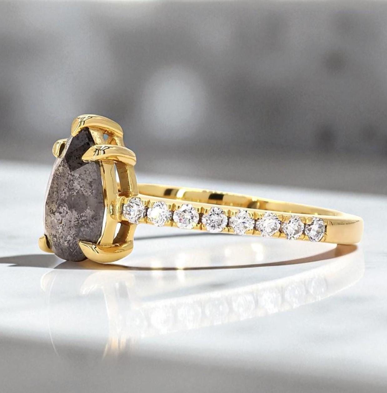 14K Yellow Gold Grey Salt and Pepper Pear Cut Natural Diamond Wedding Ring