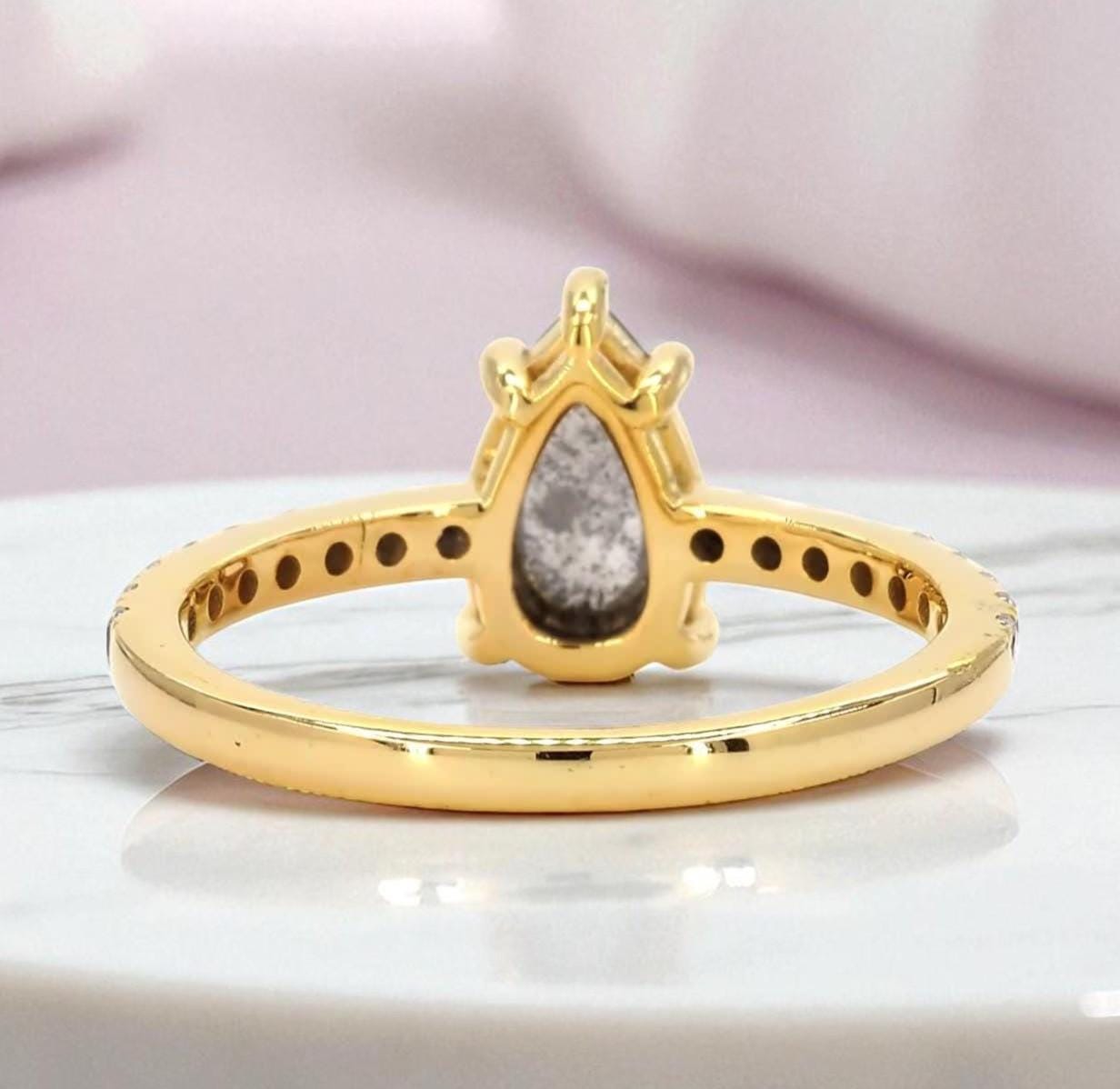 14K Yellow Gold Grey Salt and Pepper Pear Cut Natural Diamond Wedding Ring