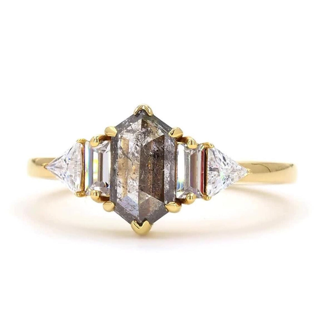 14K Yellow Gold Grey Salt and Pepper Hexagon Cut Natural Diamond Anniversary Ring