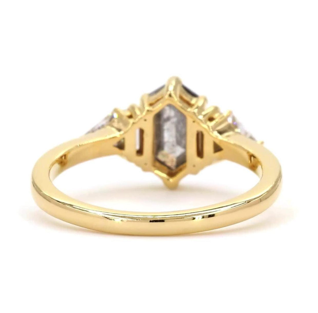 14K Yellow Gold Grey Salt and Pepper Hexagon Cut Natural Diamond Anniversary Ring