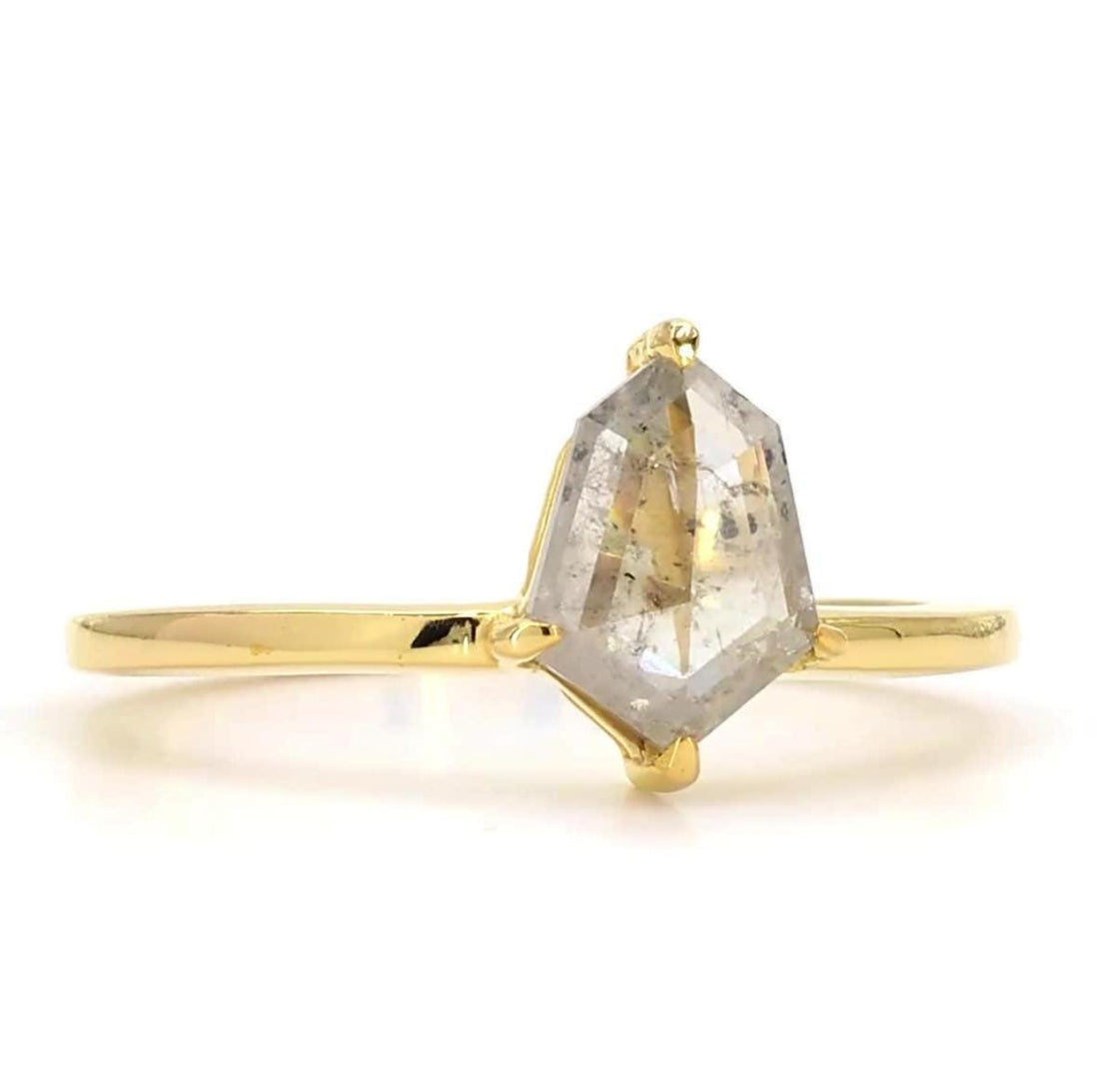 14K Yellow Gold Grey Salt and Pepper Shield Cut Natural Diamond Unique Anniversary Ring