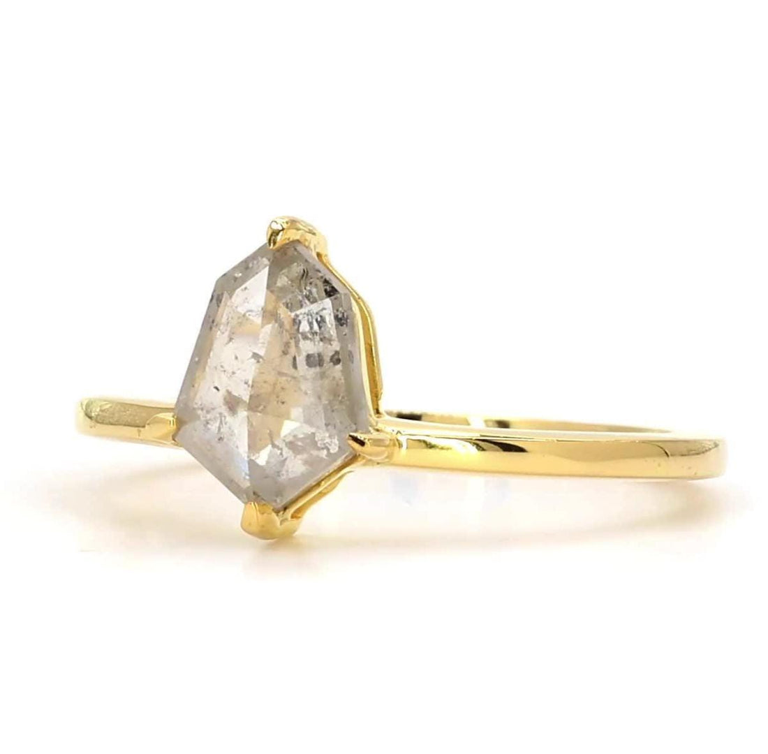 14K Yellow Gold Grey Salt and Pepper Shield Cut Natural Diamond Unique Anniversary Ring