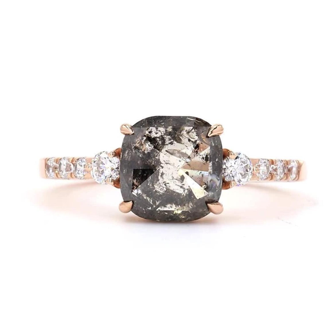 14K Rose Gold Grey Salt and Pepper Cushion Cut Natural Diamond Minimalist Wedding Ring