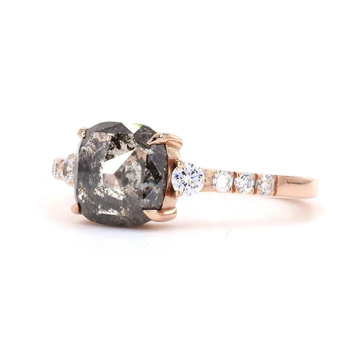 14K Rose Gold Grey Salt and Pepper Cushion Cut Natural Diamond Minimalist Wedding Ring