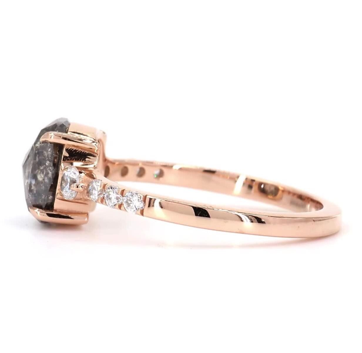 14K Rose Gold Grey Salt and Pepper Cushion Cut Natural Diamond Minimalist Wedding Ring
