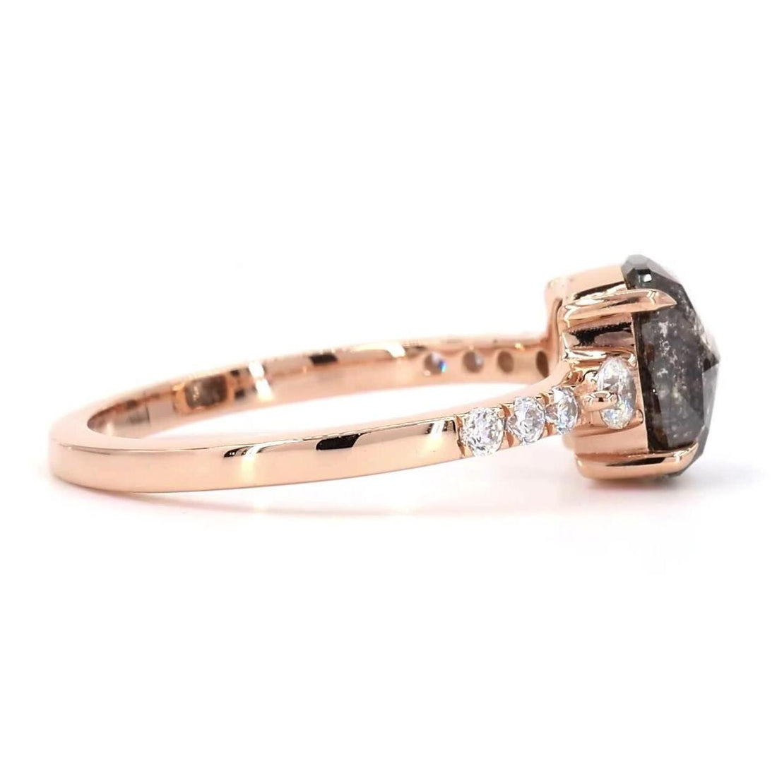 14K Rose Gold Grey Salt and Pepper Cushion Cut Natural Diamond Minimalist Wedding Ring