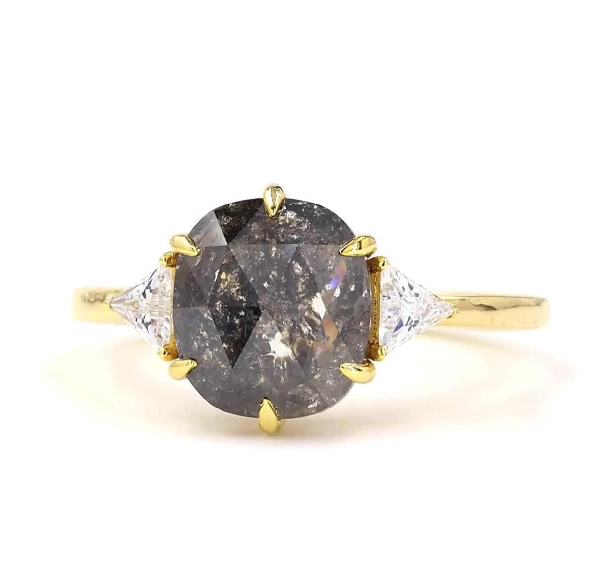 14K Yellow Gold Grey Salt and Pepper Oval Cut Natural Diamond Statement Ring