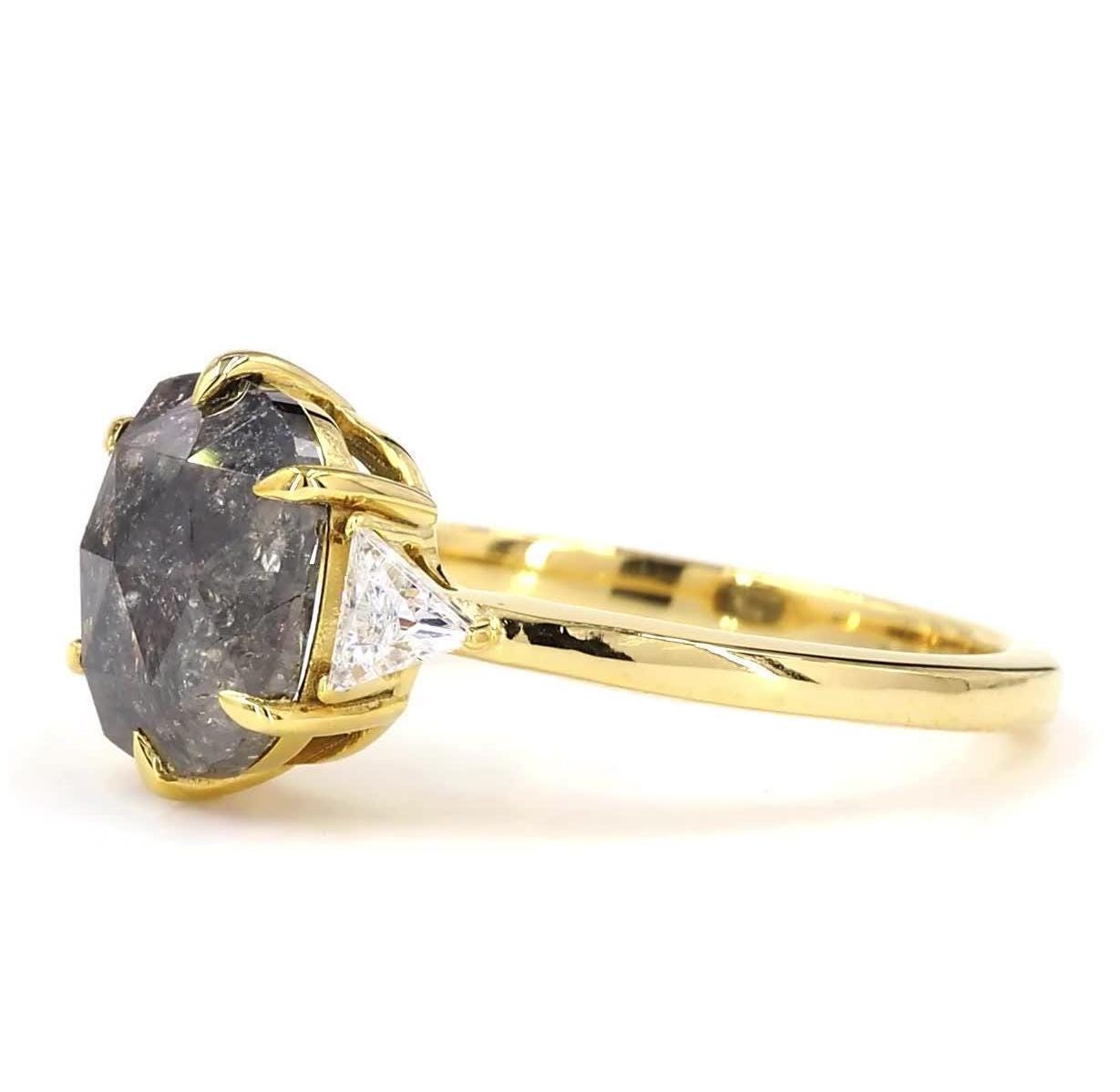 14K Yellow Gold Grey Salt and Pepper Oval Cut Natural Diamond Statement Ring