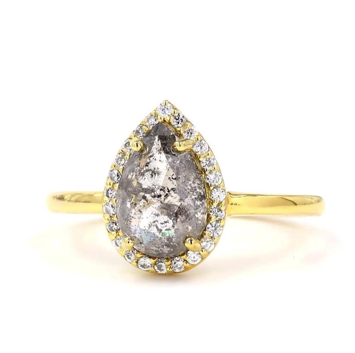 14K Yellow Gold Grey Salt and Pepper Pear Cut Natural Diamond Anniversary Ring