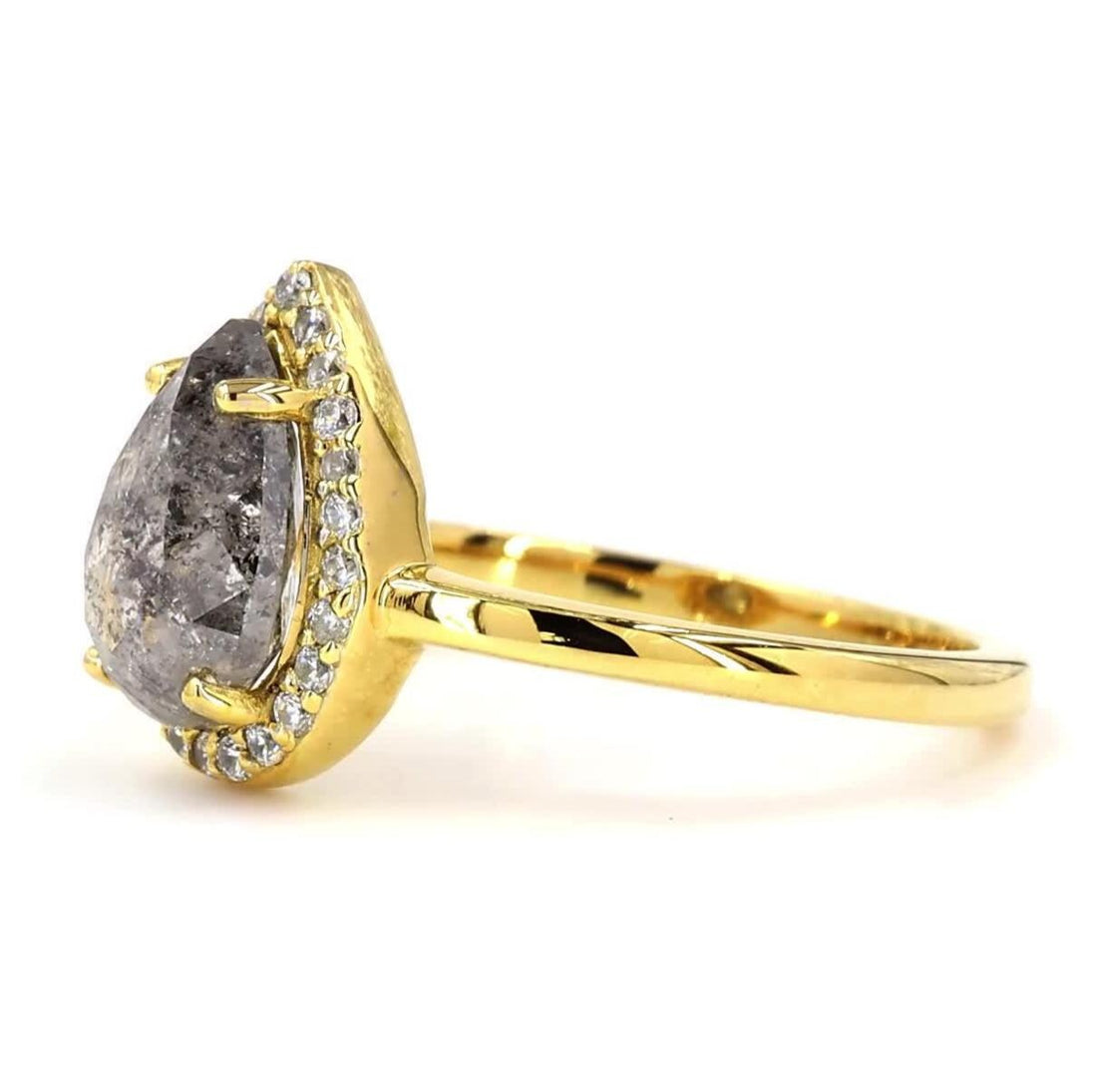 14K Yellow Gold Grey Salt and Pepper Pear Cut Natural Diamond Anniversary Ring