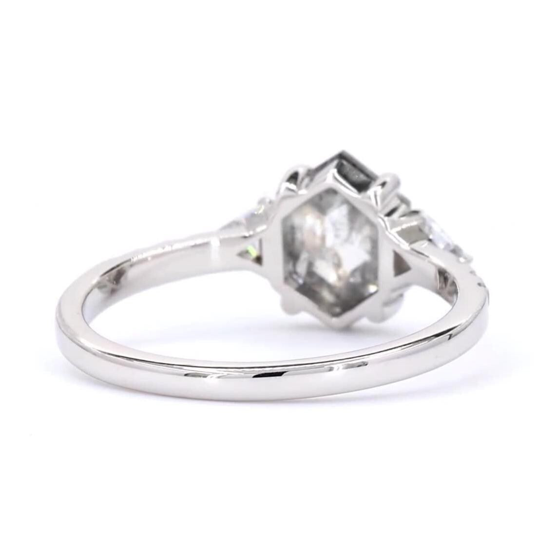 14K White Gold Hexagon Cut Grey Salt and Pepper Natural Diamond Unique Engagement Ring
