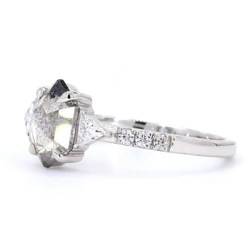 14K White Gold Hexagon Cut Grey Salt and Pepper Natural Diamond Unique Engagement Ring