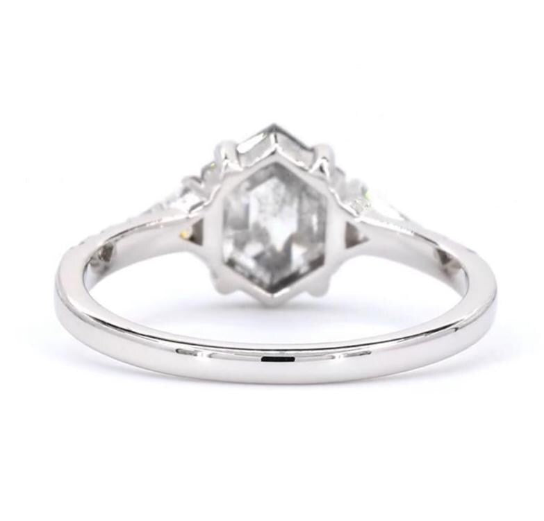 14K White Gold Hexagon Cut Grey Salt and Pepper Natural Diamond Unique Engagement Ring