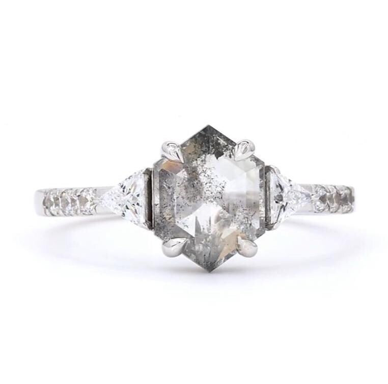 14K White Gold Hexagon Cut Grey Salt and Pepper Natural Diamond Unique Engagement Ring