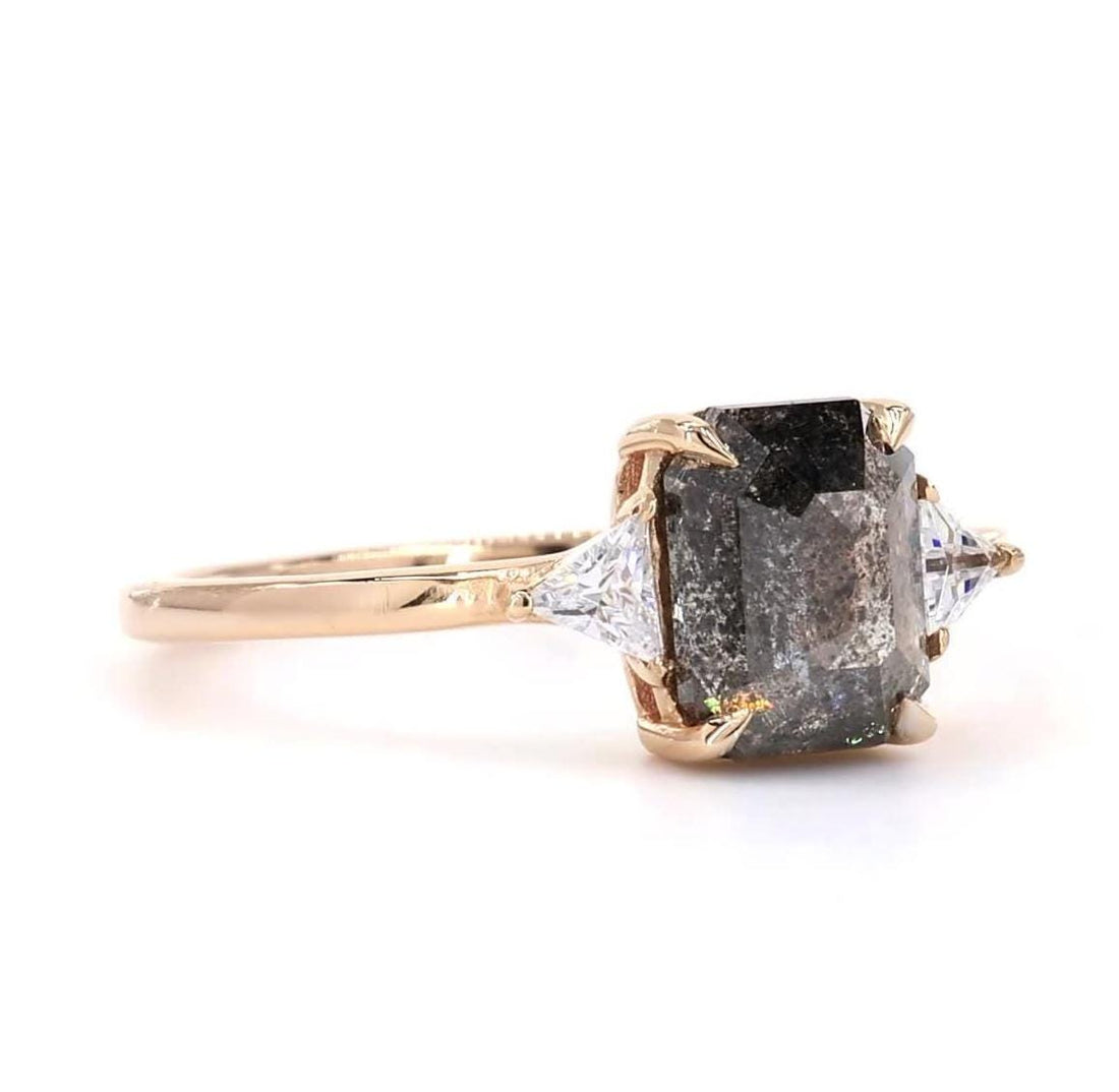 14K Rose Gold Grey Salt and Pepper Emerald Cut Natural Diamond Promise Ring