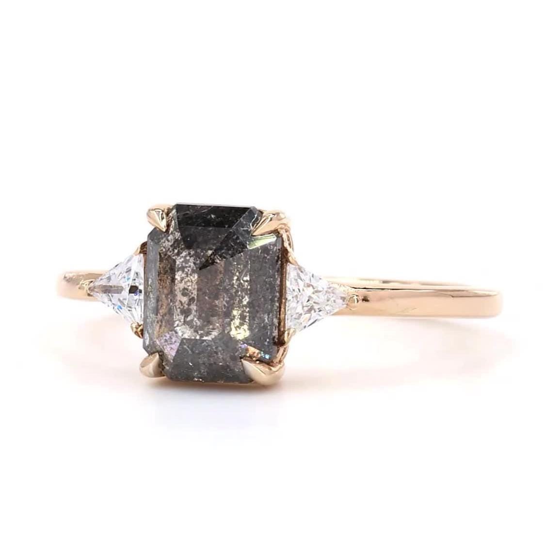 14K Rose Gold Grey Salt and Pepper Emerald Cut Natural Diamond Promise Ring